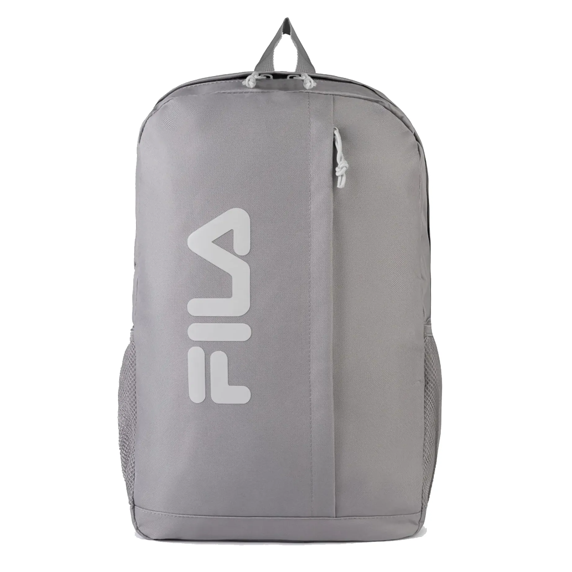 Mochila esportiva FILA cinza mostrada em ângulo lateral com bolso frontal em rede e bolsos laterais